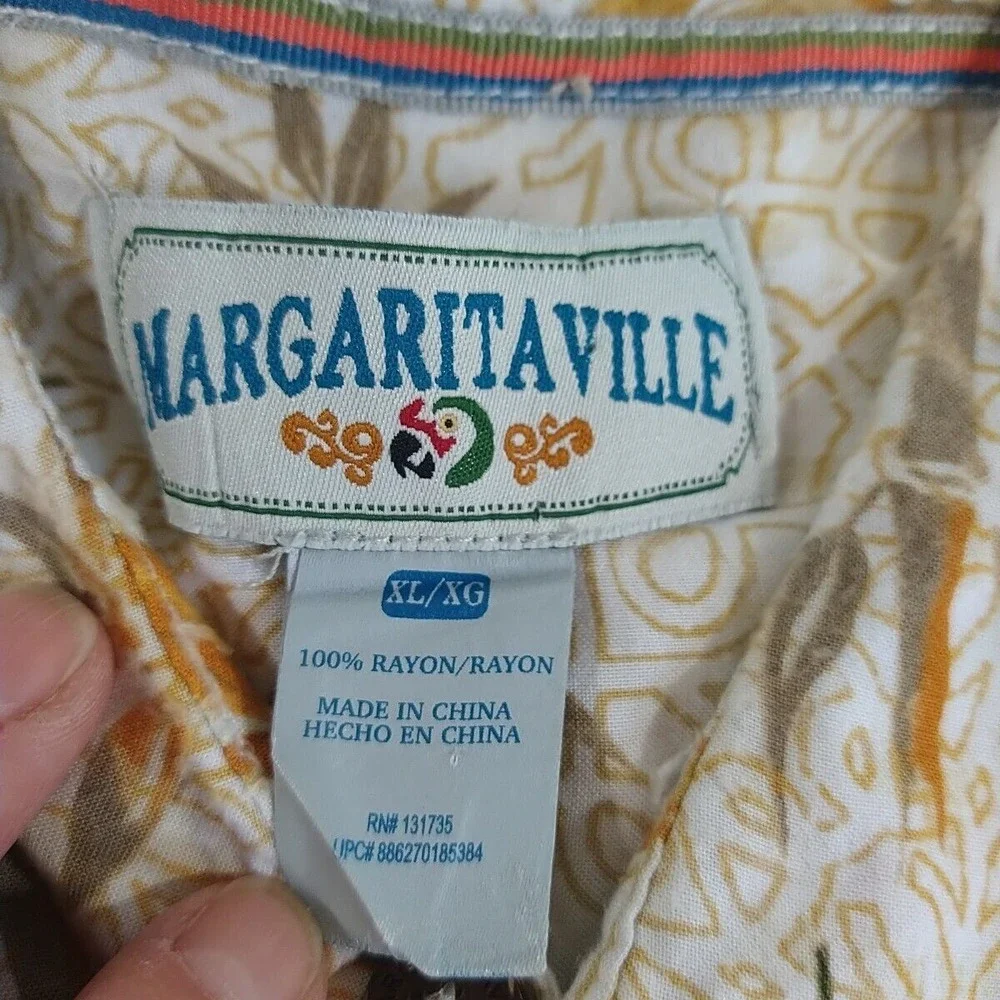 Margaritaville‎ Shirt Mens XL Tan Green Floral Tropical Hawaiian Island Vacation